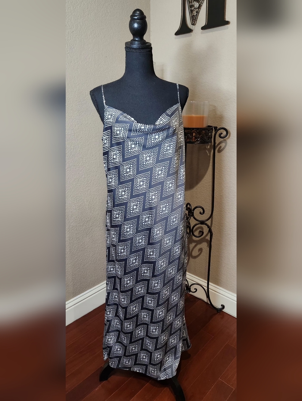 Banana Republic Grayish Taupe and White Geometric Pattern Midi Slip Dress